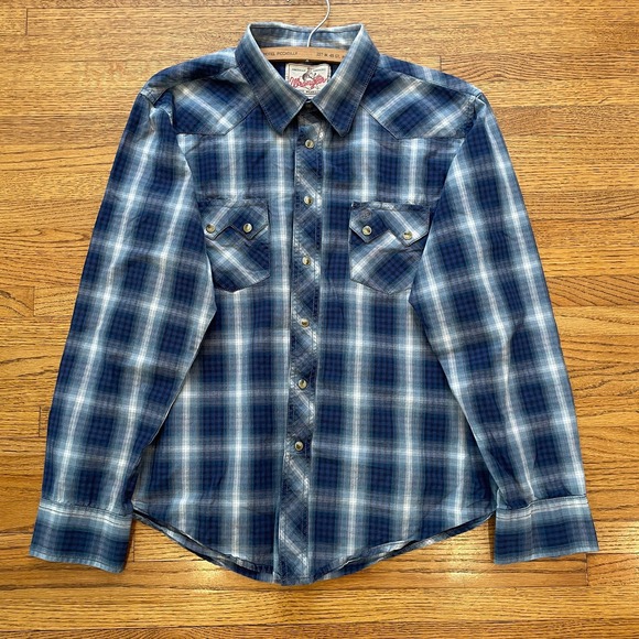 Vintage Wrangler Women’s American Cowboys Plaid Snap Western Shirt Sz L Blue - Picture 7 of 12